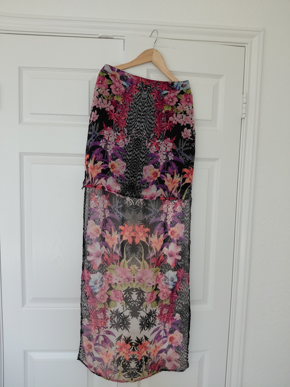 2B Bebe Black Sheer High-Low Maxi Skirt with Pink & Purple Floral Print